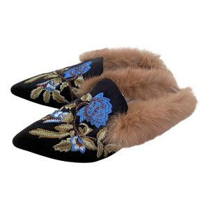 KMEIOO Embroidered Black Floral Mule with Fur Trim Slip On